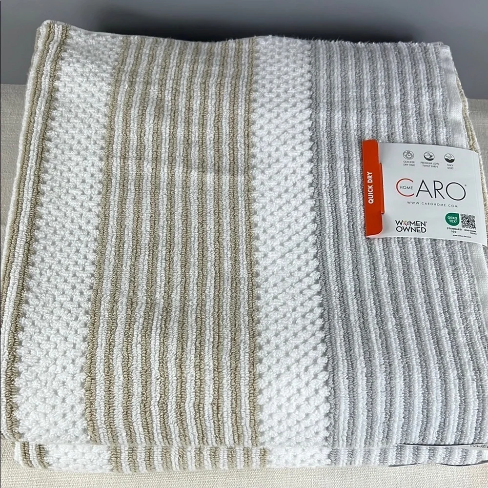 Caro Home Bath Towel Set White Gray Tan Stripe Plush Soft 100% Cotton 2 Pc NEW